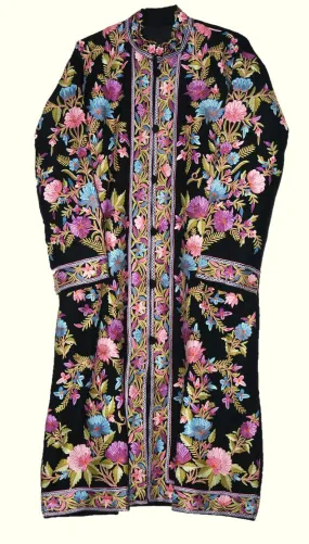 Kashmiri Woolen Coat Black, Multicolor Embroidery #AO-169