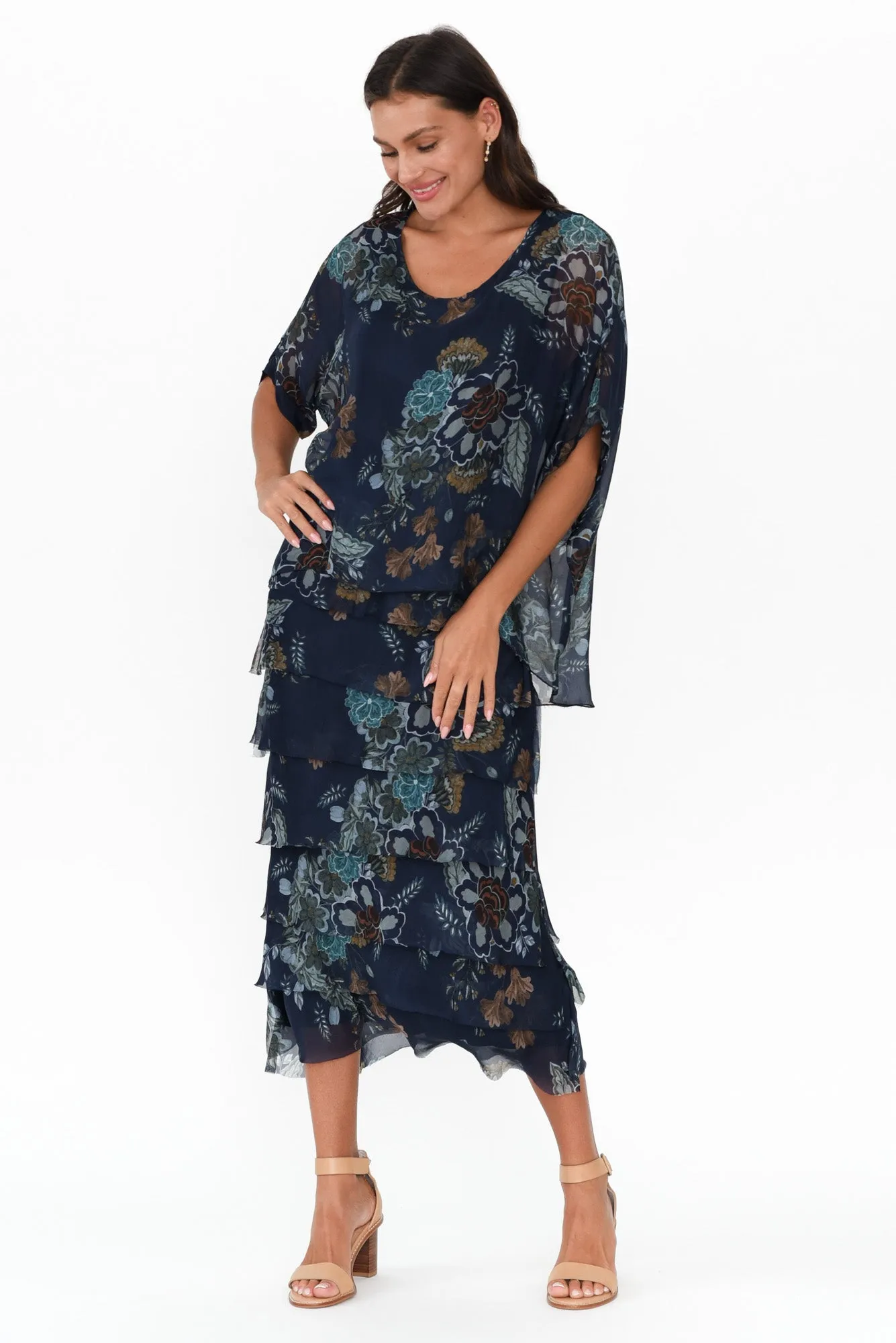 Katerina Navy Flower Silk Overlay Maxi Dress