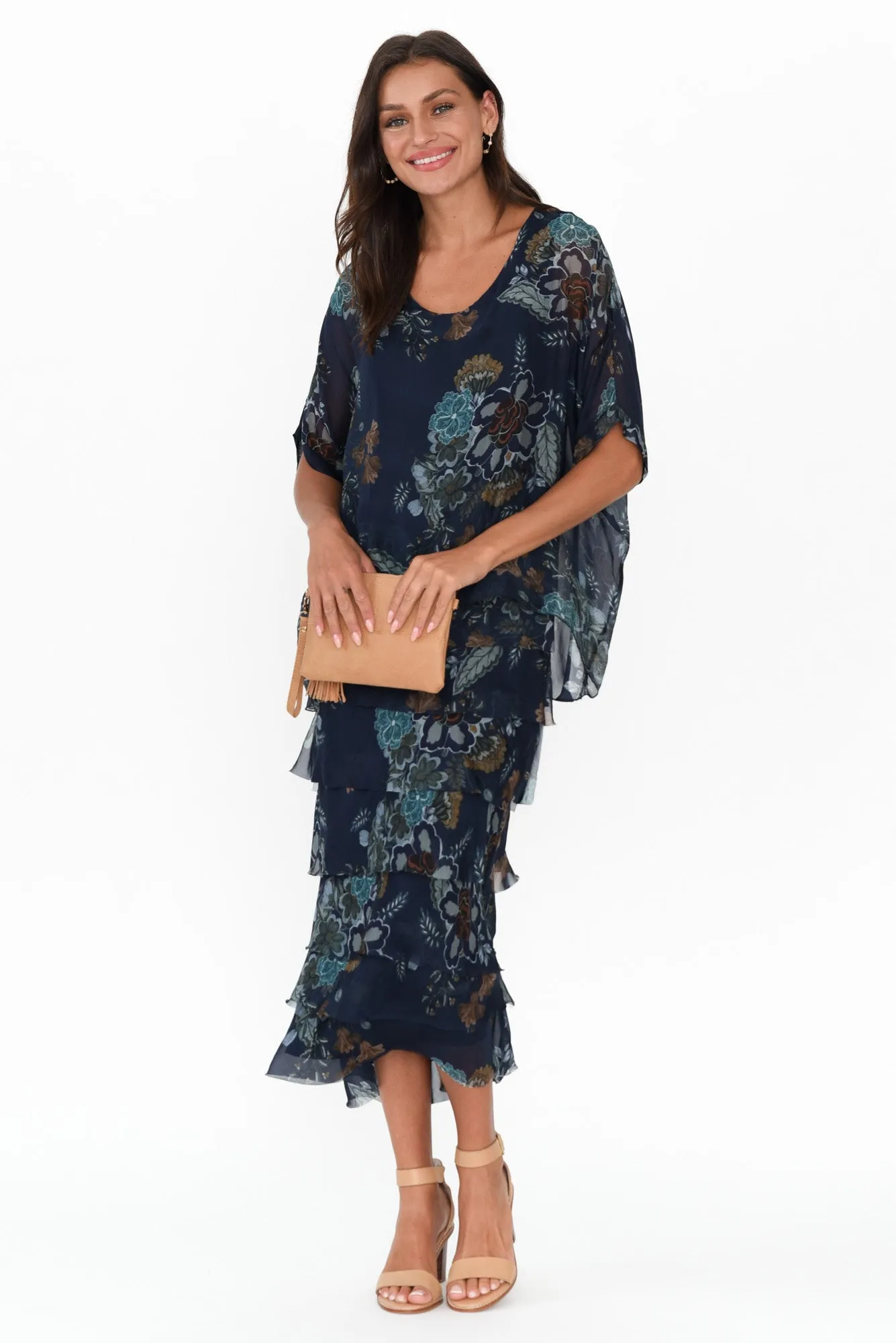 Katerina Navy Flower Silk Overlay Maxi Dress