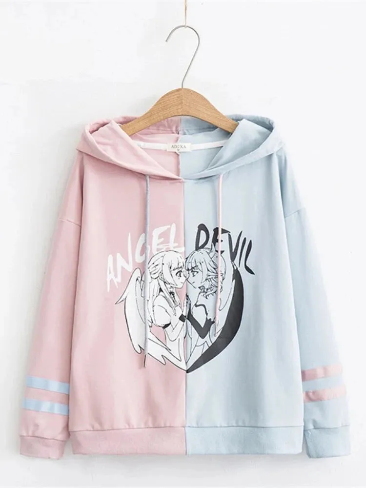 Kawaii Women Hooded Hoodies Long Sleeve Lovely Patchwork Cute Girls Sweet Sweatshirt Female Pullovers