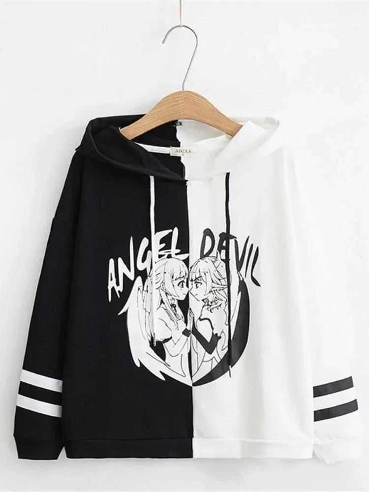 Kawaii Women Hooded Hoodies Long Sleeve Lovely Patchwork Cute Girls Sweet Sweatshirt Female Pullovers