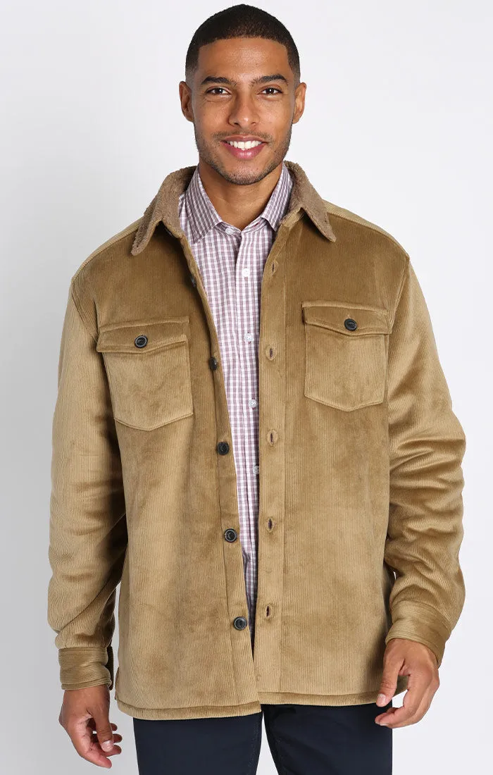 Khaki Sherpa Bonded Plush Corduroy Overshirt