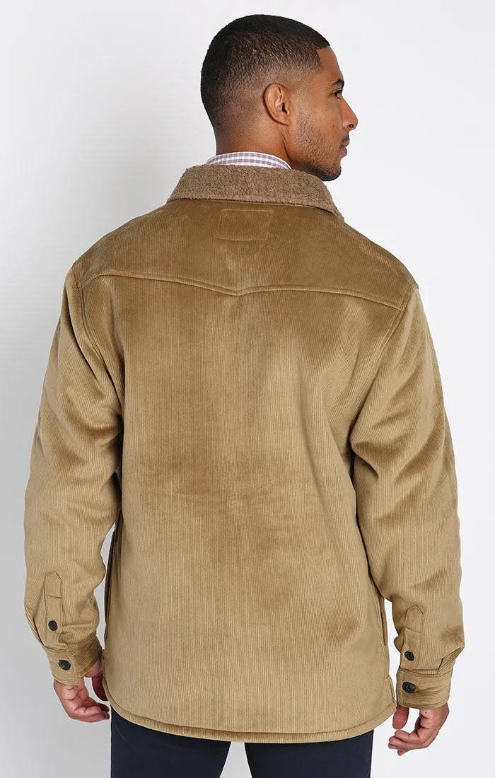 Khaki Sherpa Bonded Plush Corduroy Overshirt