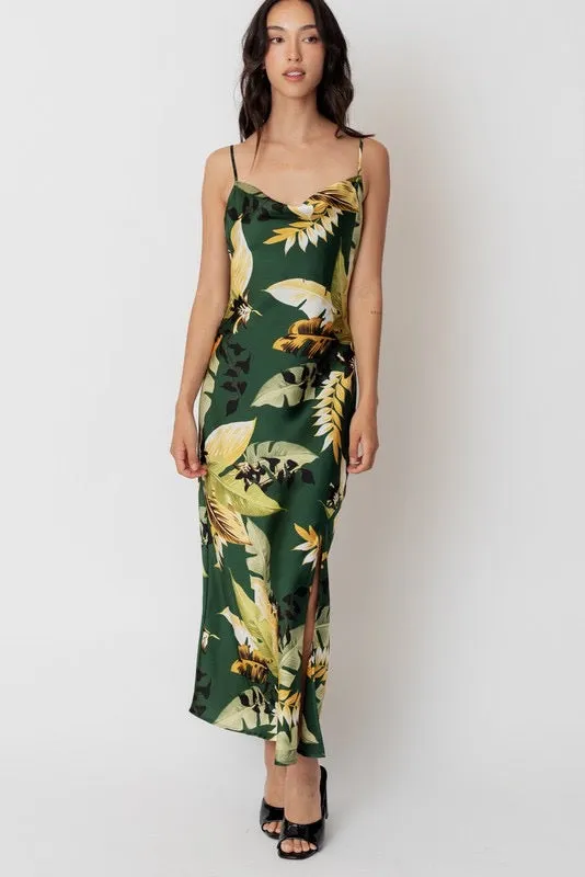 Leaf Print Cowl Maxi Dress