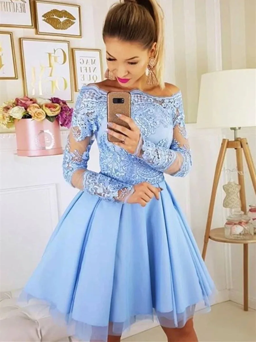 Light Blue Long Sleeves Lace Short Prom Homecoming, Long Sleeves Lace Light Blue Formal Graduation Evening