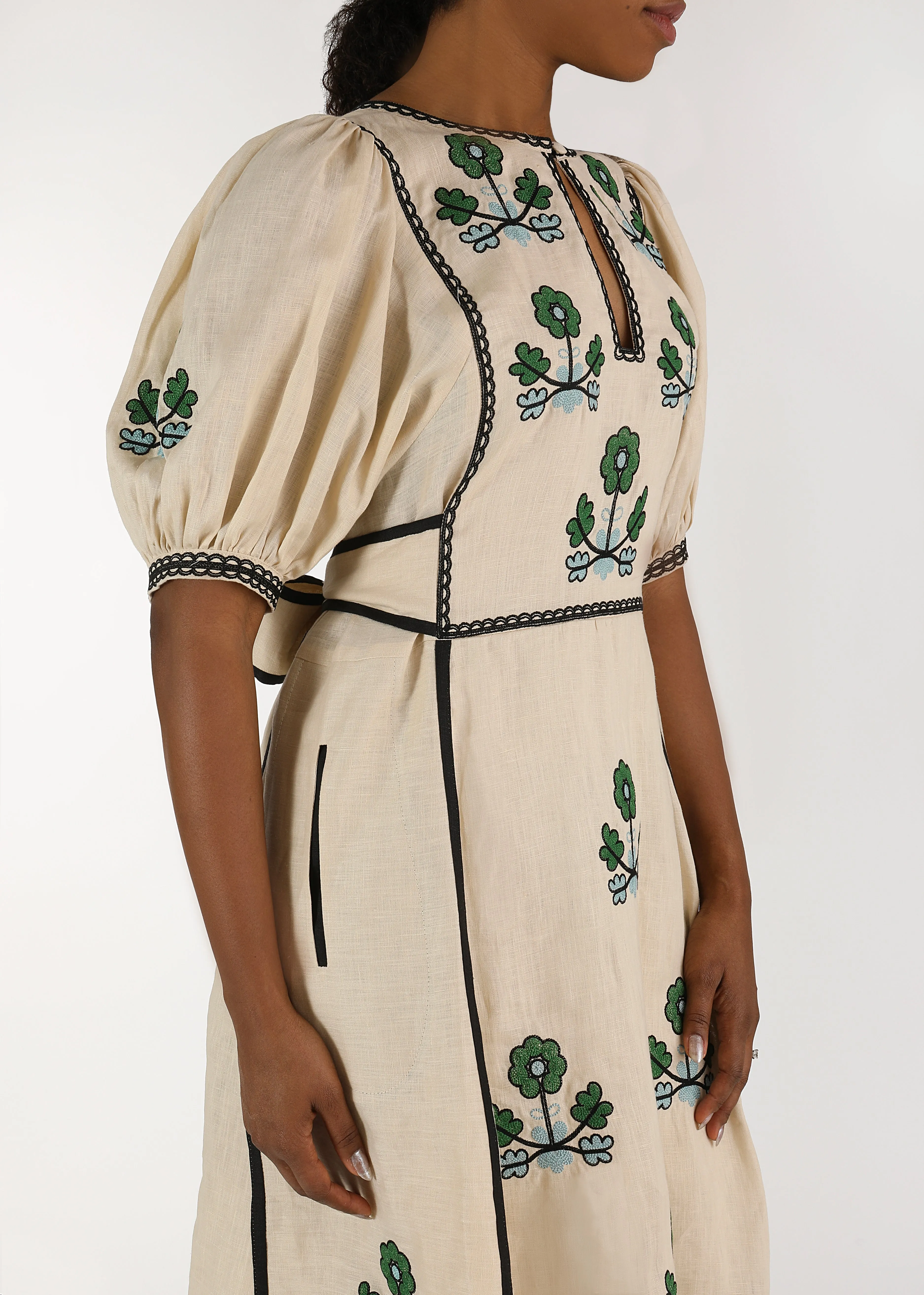 Lillie Ukrainian Embroidered Dress - Ivory, Green