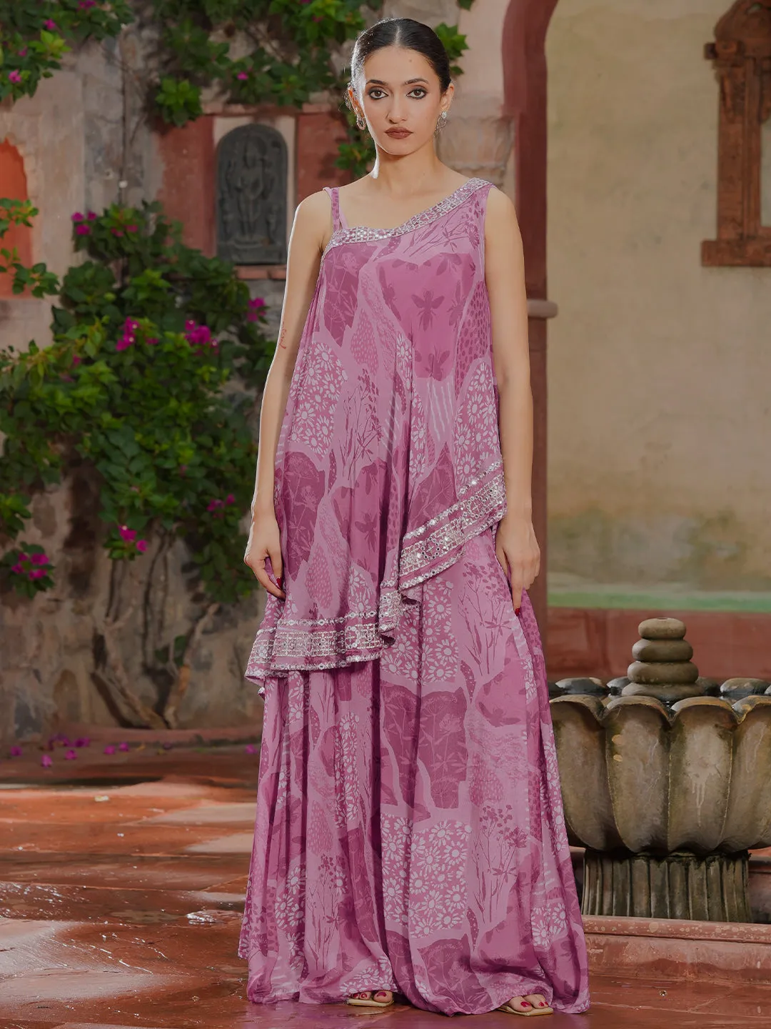 Mauve Printed Silk Blend Co-Ords