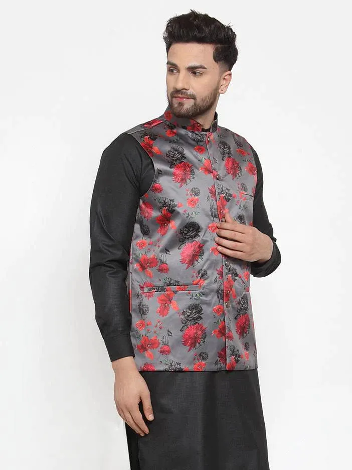 Men Grey Printed Satin Nehru Jacket