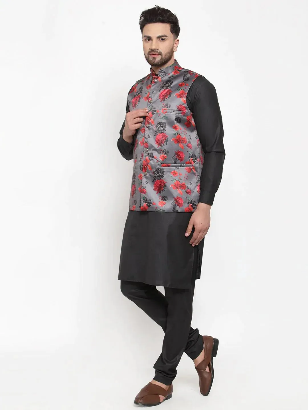 Men Grey Printed Satin Nehru Jacket