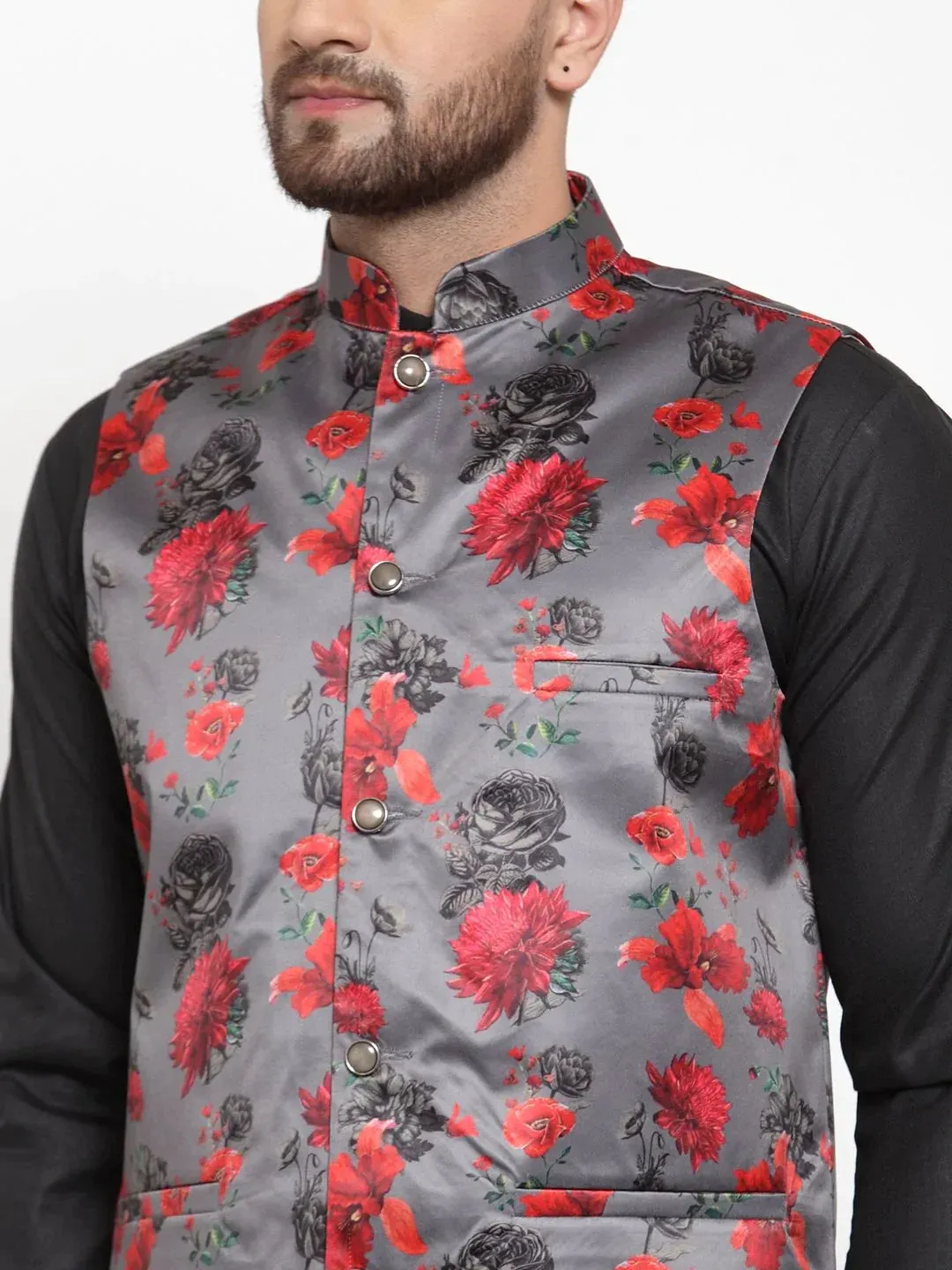 Men Grey Printed Satin Nehru Jacket