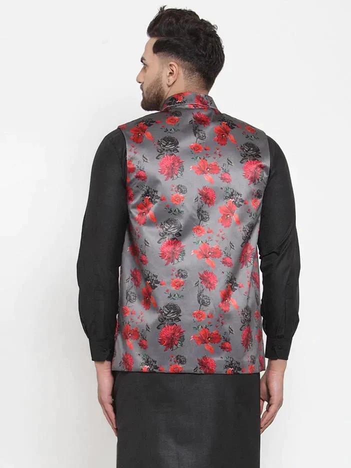 Men Grey Printed Satin Nehru Jacket