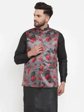 Men Grey Printed Satin Nehru Jacket