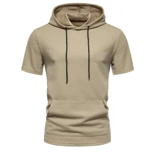 Men Lattice Pockets Short Sleeves Drawstring Hoody T-Shirt