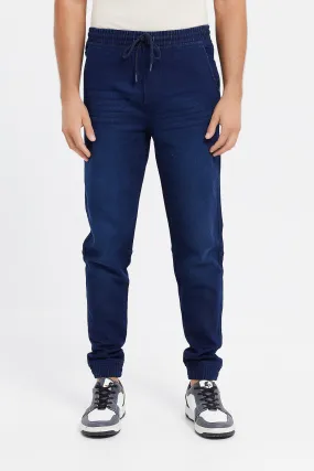 Men Navy Wash Knit Denim Joggers