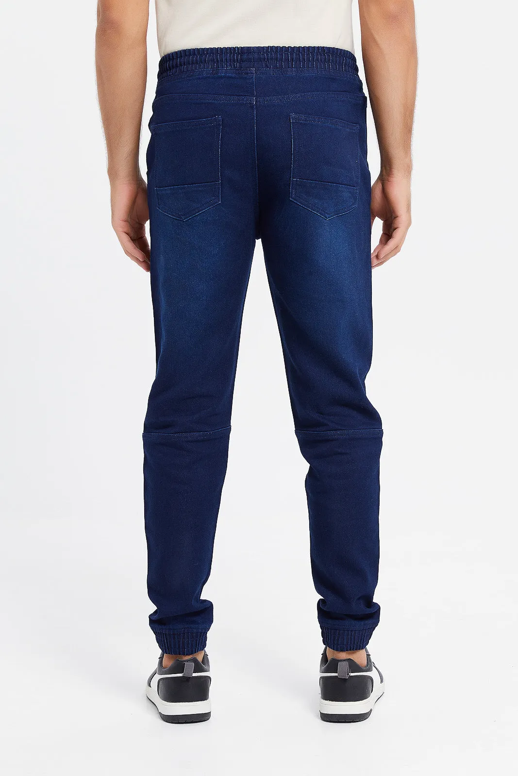 Men Navy Wash Knit Denim Joggers