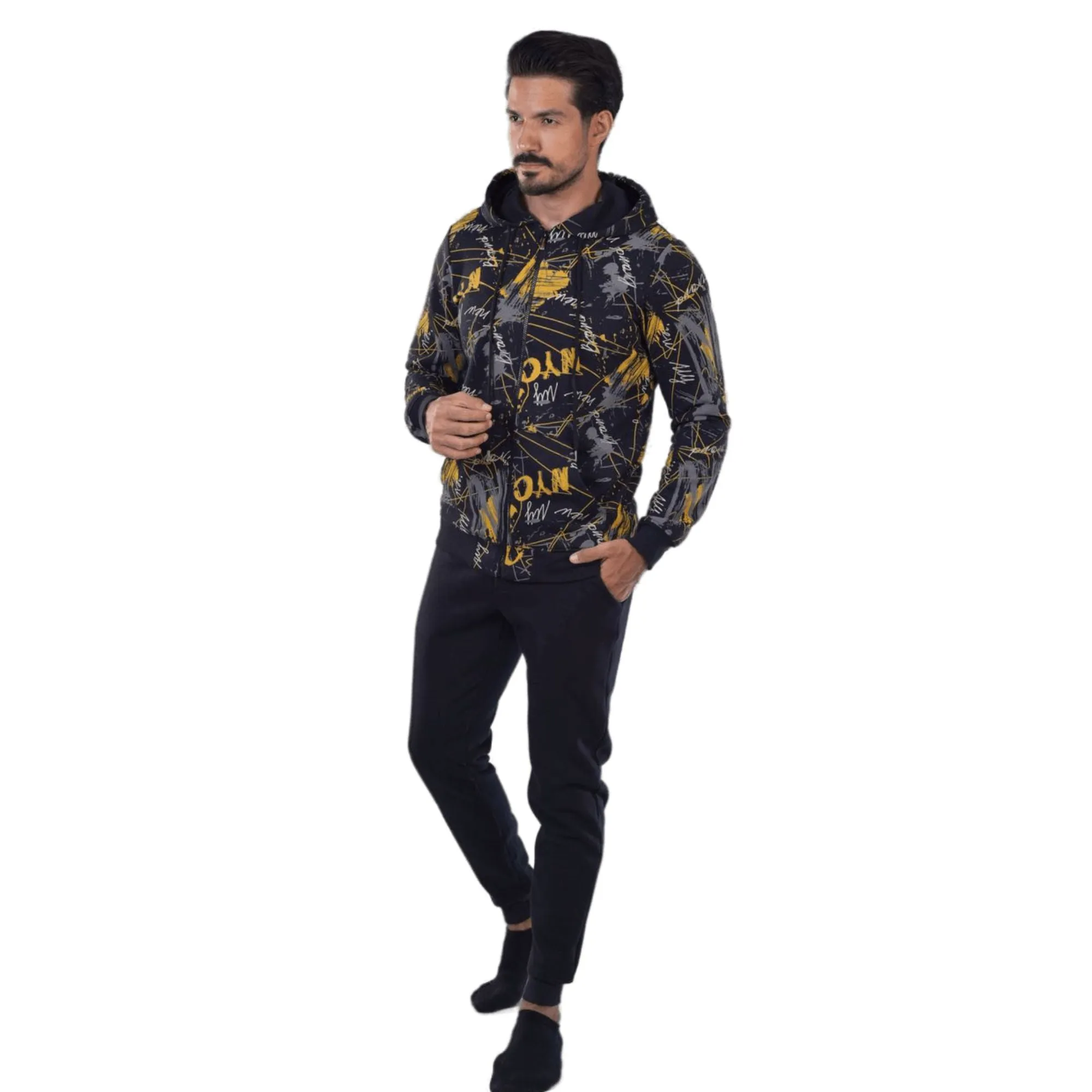 Men's Black Digital Printed Winter Hoodie - Modern And Warm Loungewear