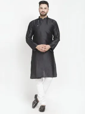 Men's Black Self Design Kurta With White Churidaar Pyjama - Benstoke