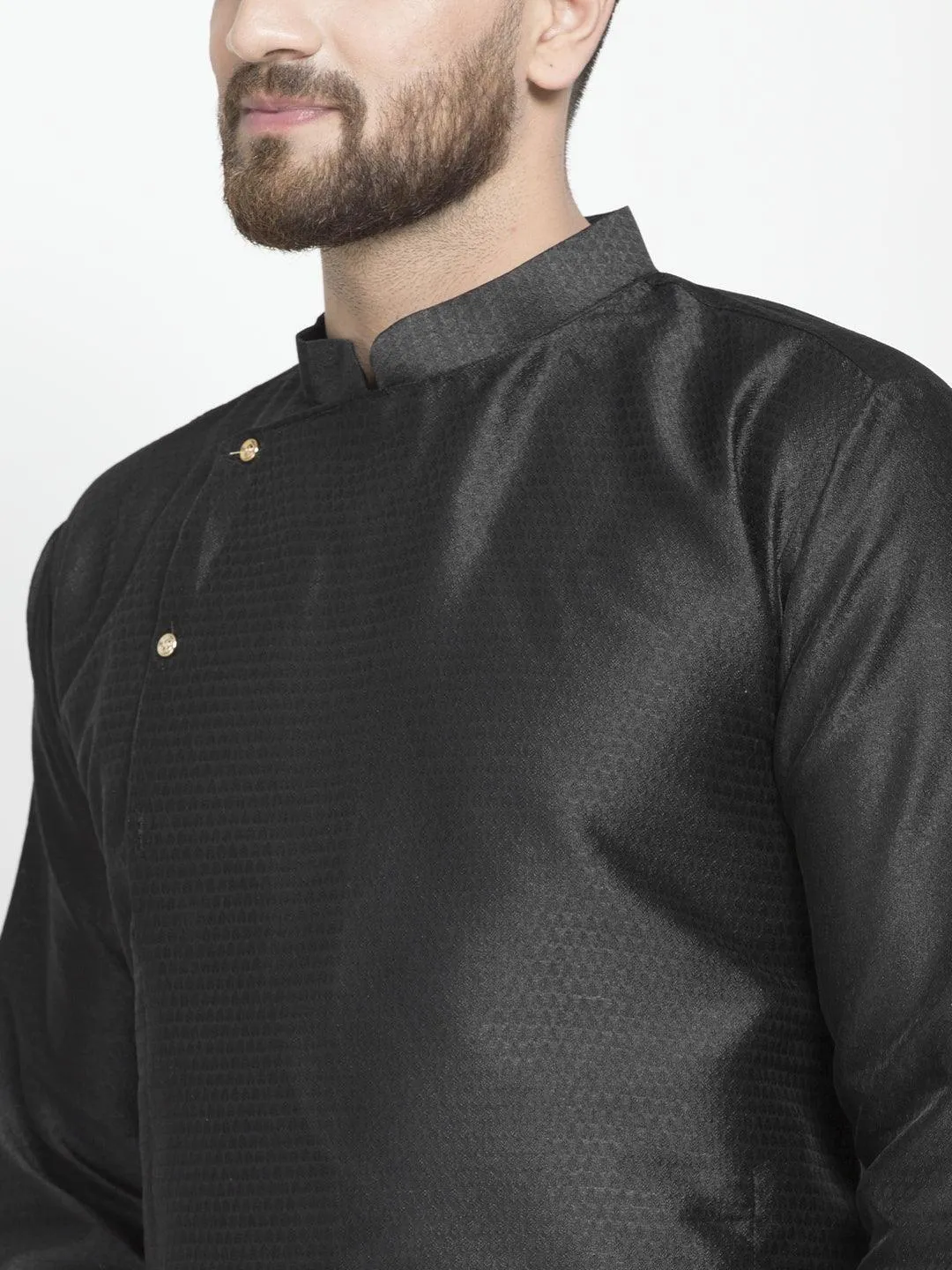 Men's Black Self Design Kurta With White Churidaar Pyjama - Benstoke