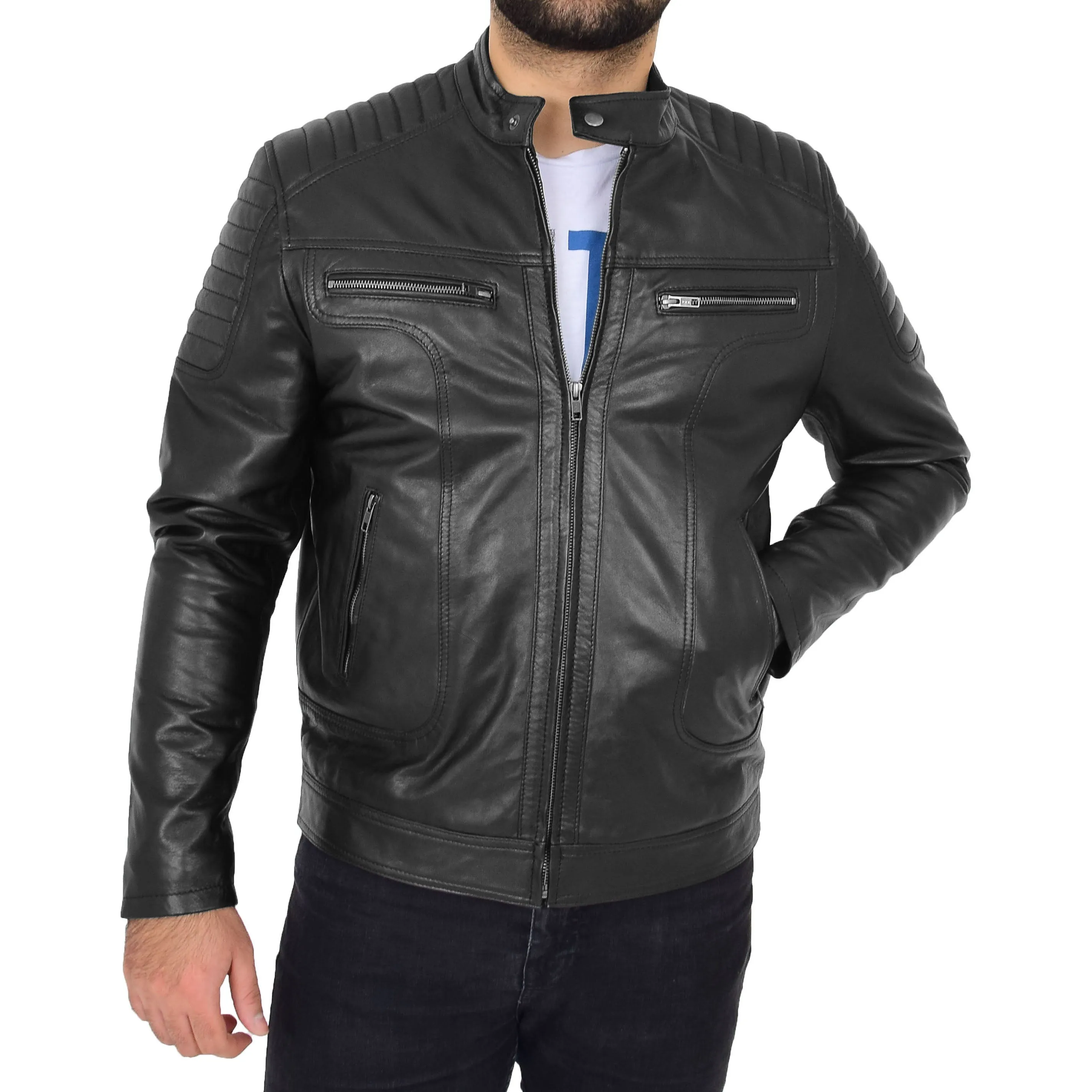 Mens Genuine Soft Leather Biker Jacket Rider Black