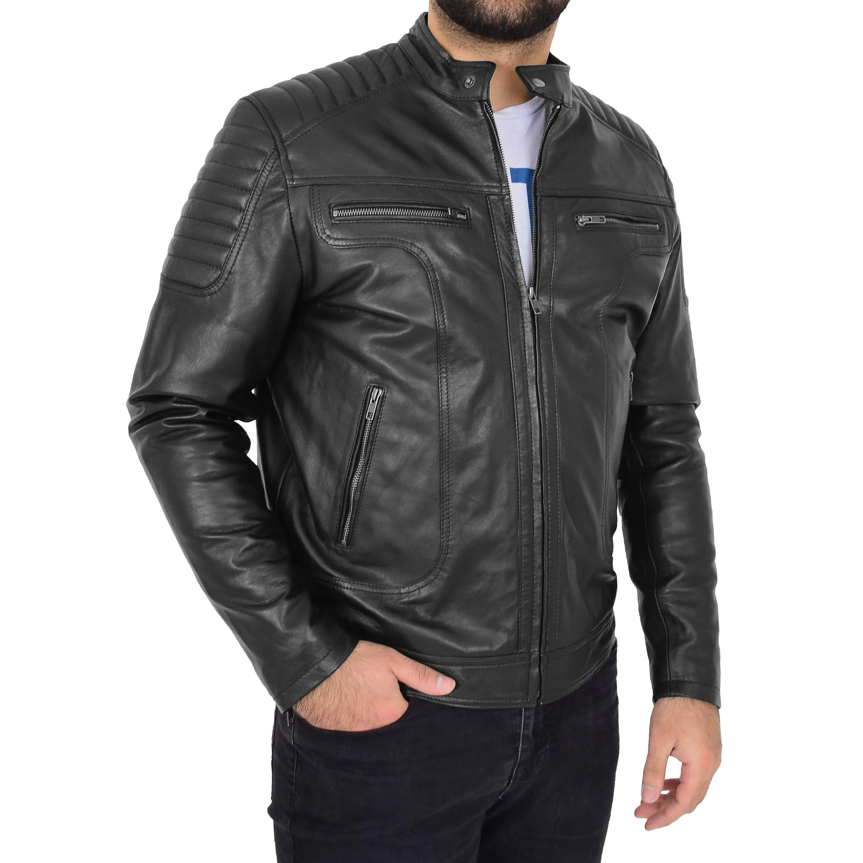 Mens Genuine Soft Leather Biker Jacket Rider Black