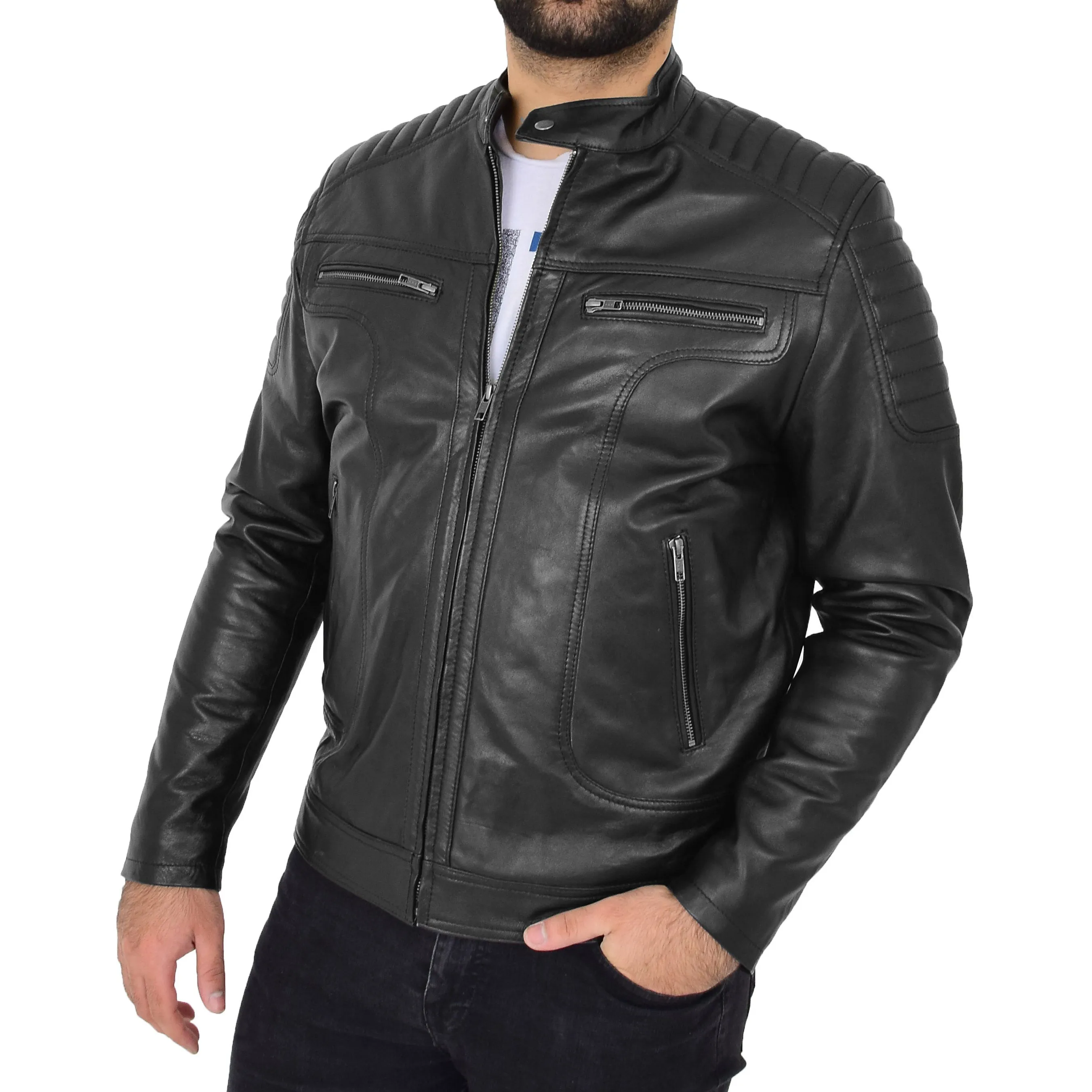 Mens Genuine Soft Leather Biker Jacket Rider Black