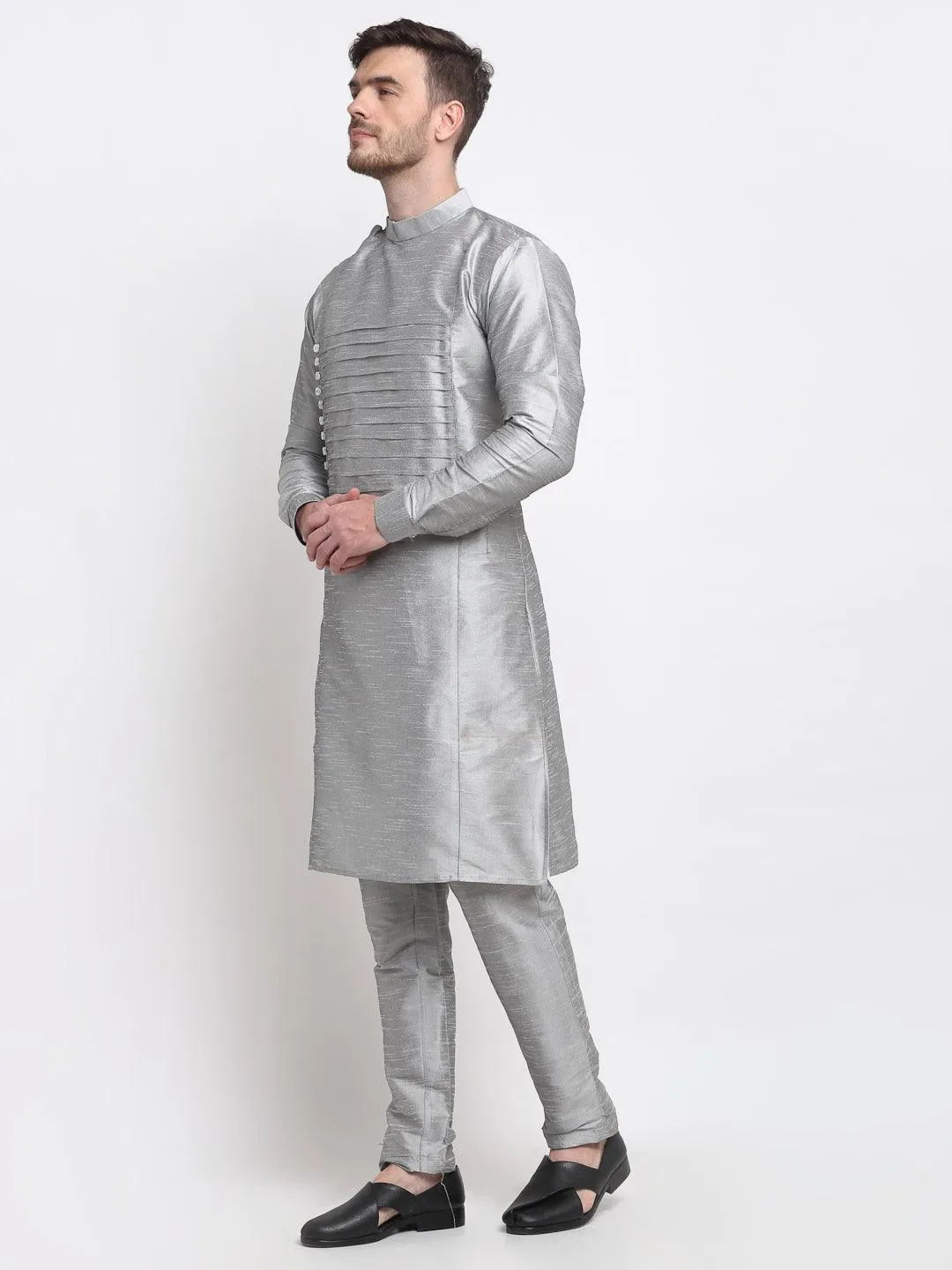 Men's Grey Solid Kurta With Churidaar Pyjama - Benstoke