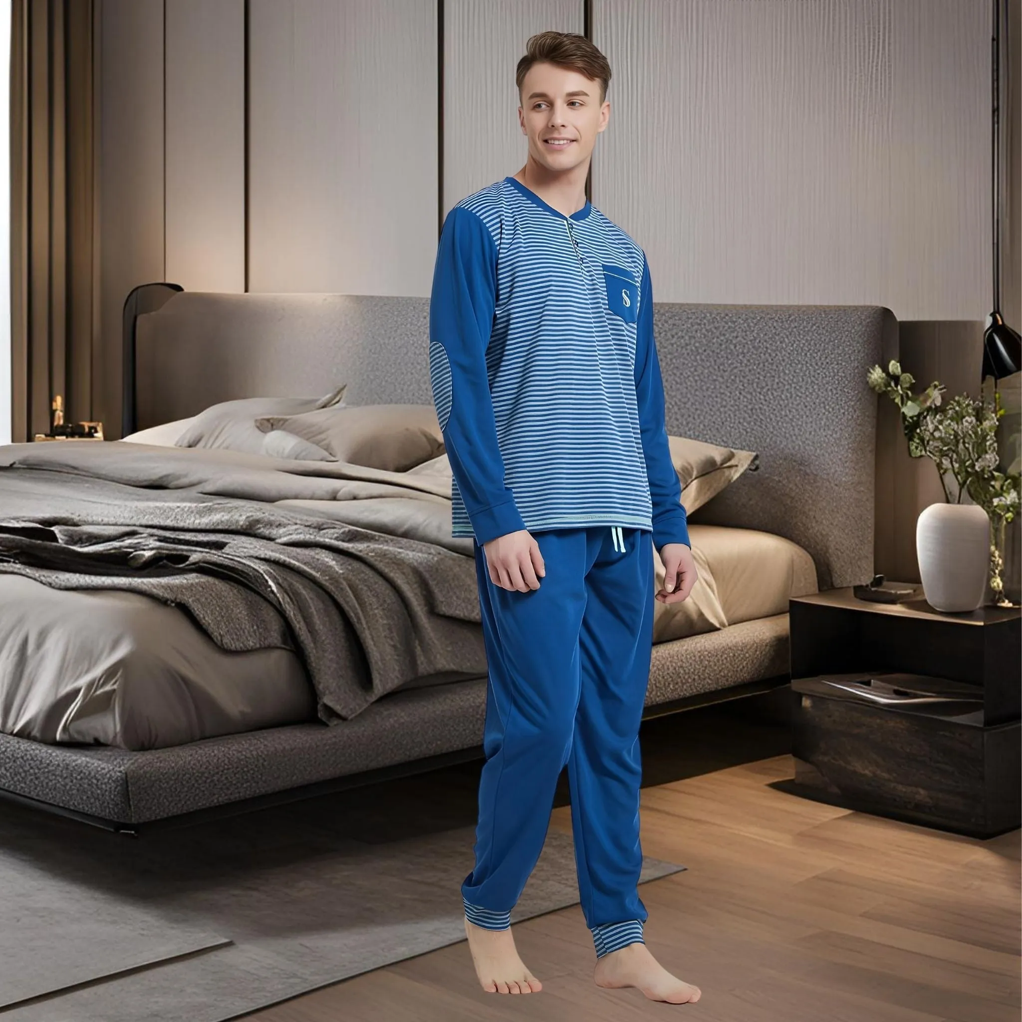 Men's Long Sleeve Pyjamas, Grey-Blue Stripe Loungewear Novelty Pjs