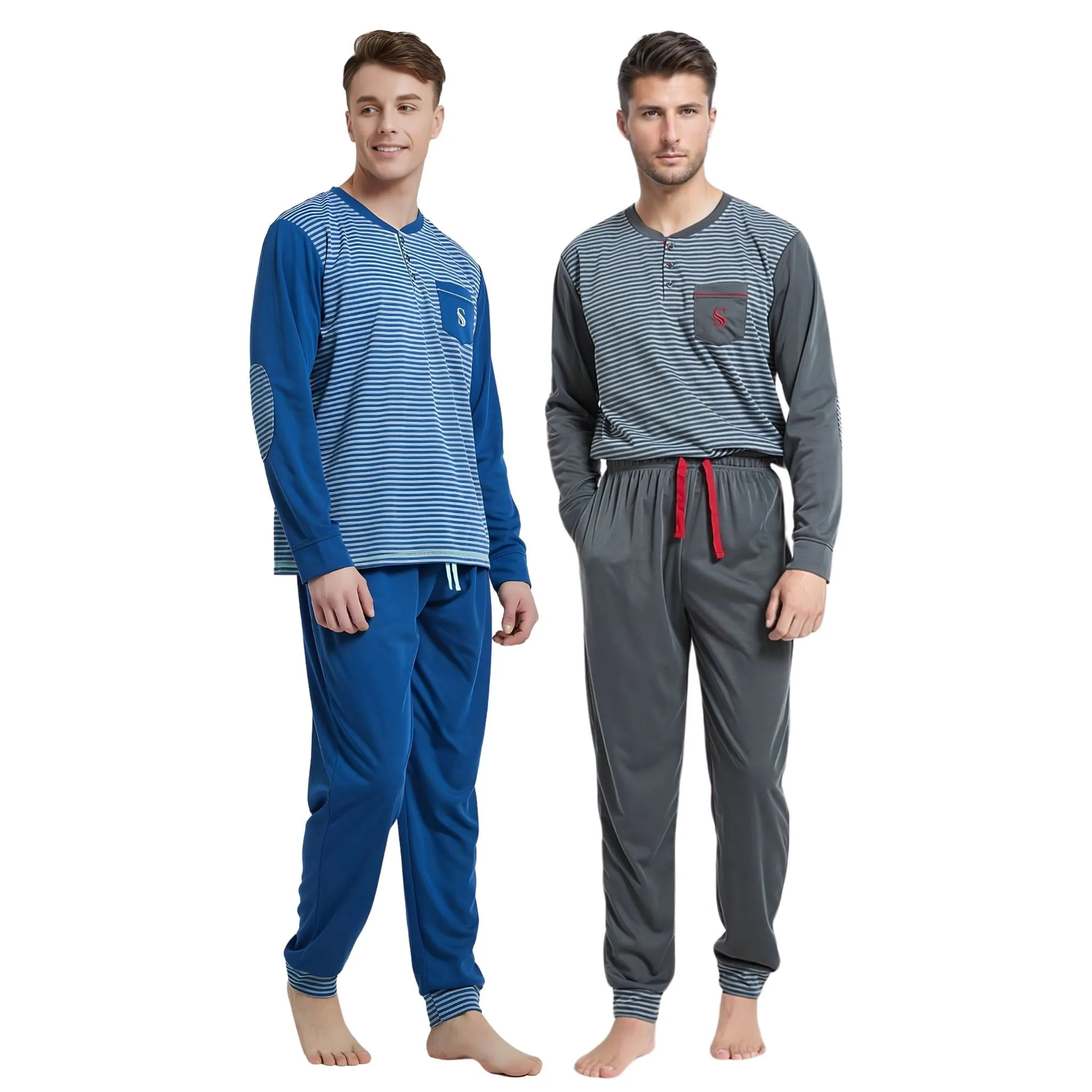 Men's Long Sleeve Pyjamas, Grey-Blue Stripe Loungewear Novelty Pjs