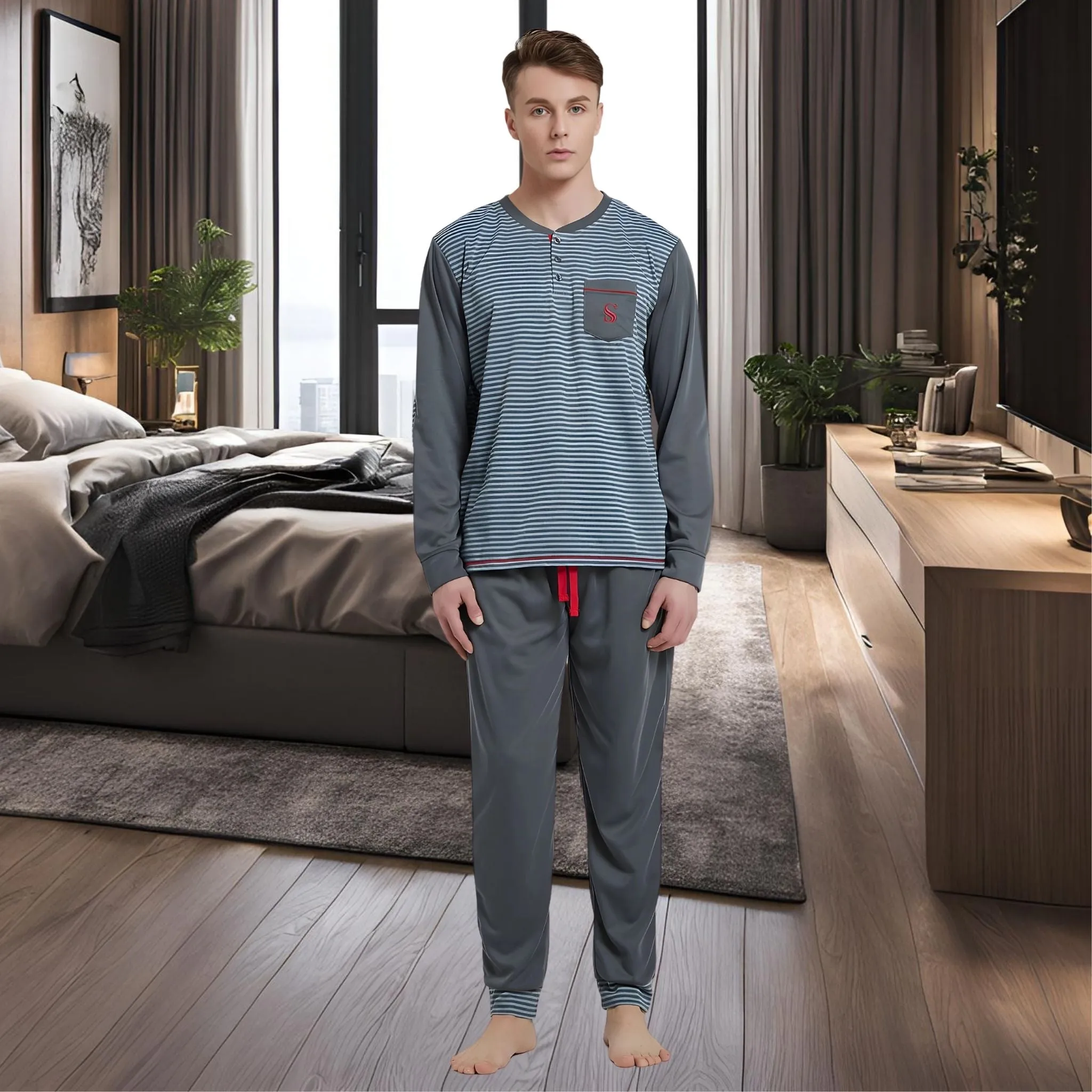 Men's Long Sleeve Pyjamas, Grey-Blue Stripe Loungewear Novelty Pjs