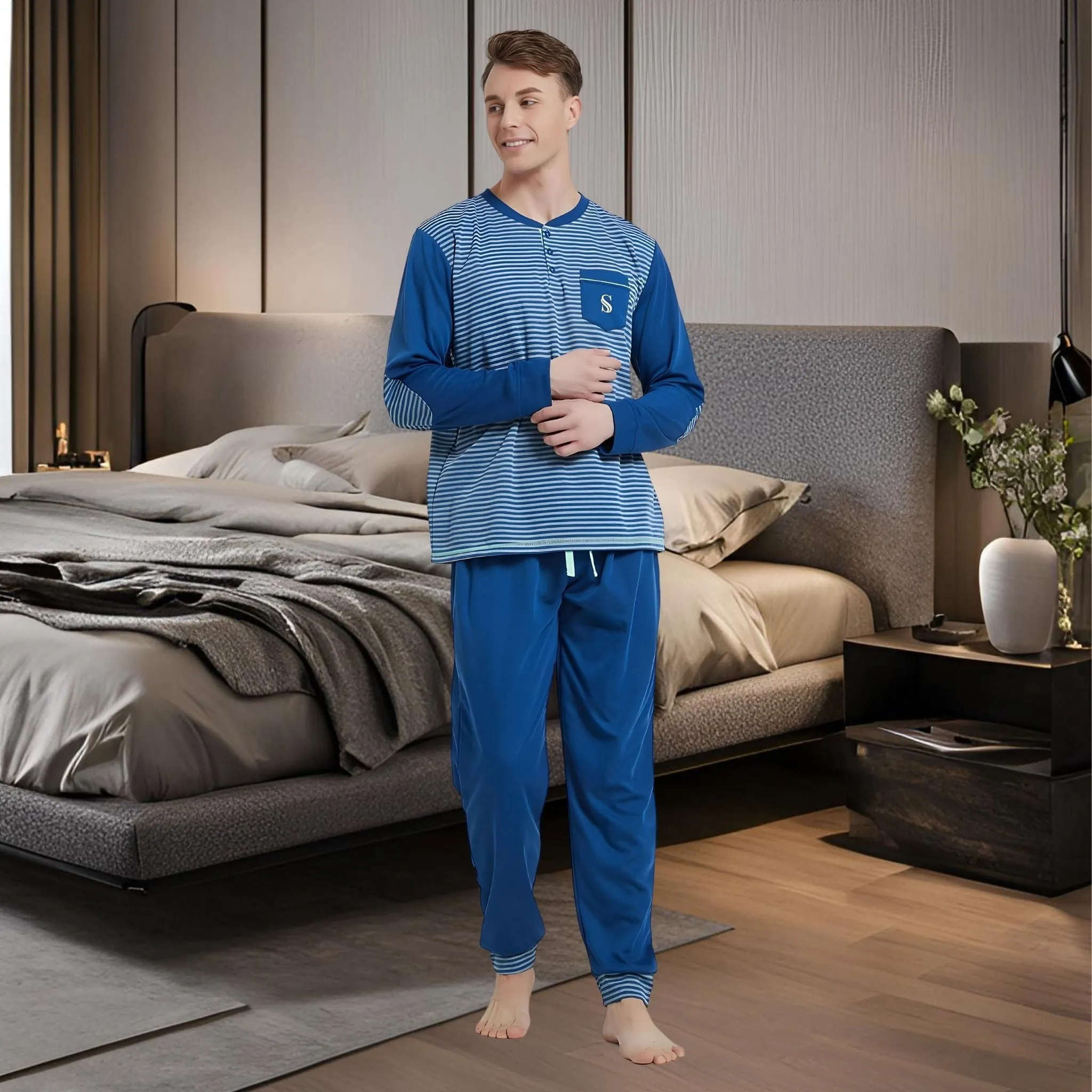 Men's Long Sleeve Pyjamas, Grey-Blue Stripe Loungewear Novelty Pjs