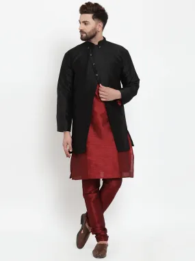 Men's Maroon Kurta With Pyjama & Black Self Design Jacket - Benstoke