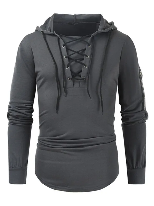 Men's new solid color lace-up sports casual pullover hooded sweatshirt