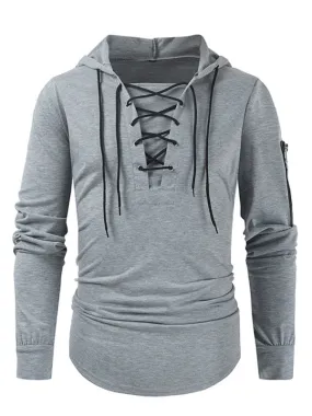 Men's new solid color lace-up sports casual pullover hooded sweatshirt