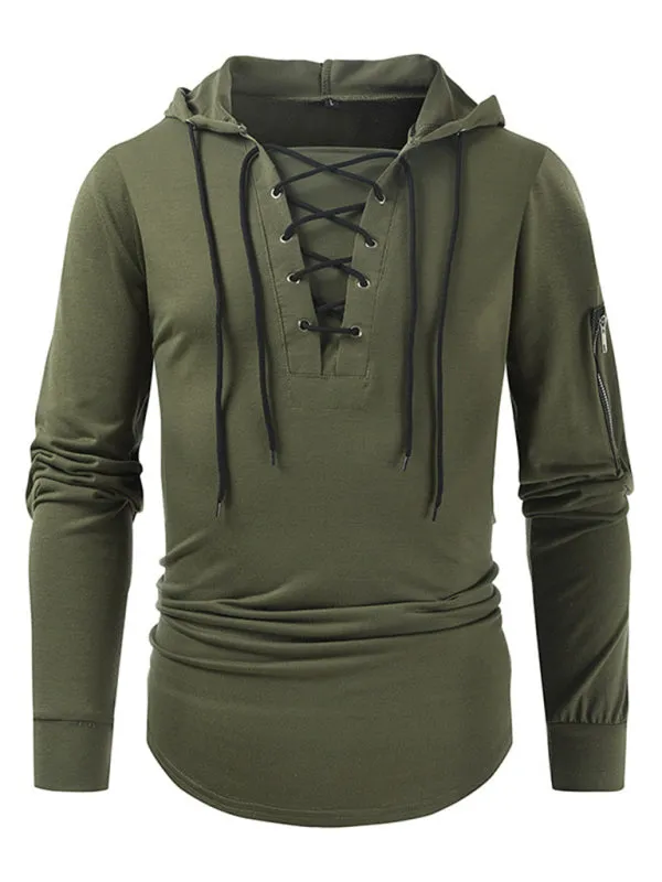 Men's new solid color lace-up sports casual pullover hooded sweatshirt