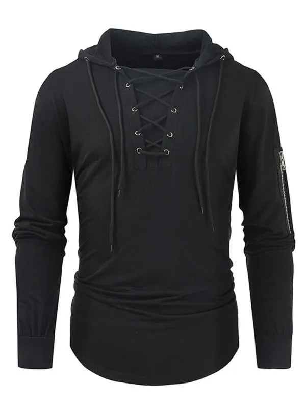 Men's new solid color lace-up sports casual pullover hooded sweatshirt