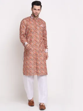 Men's Orange & Multi Printed Kurta With White Pyjamas Set - Benstoke