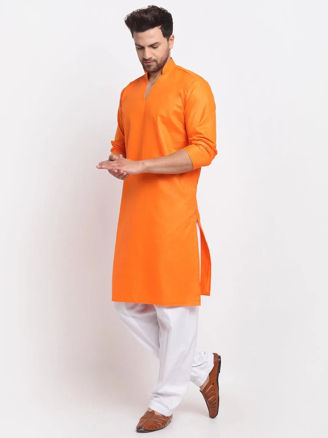 Men's Orange Solid Pathani Kurta With White Salwar - Benstoke