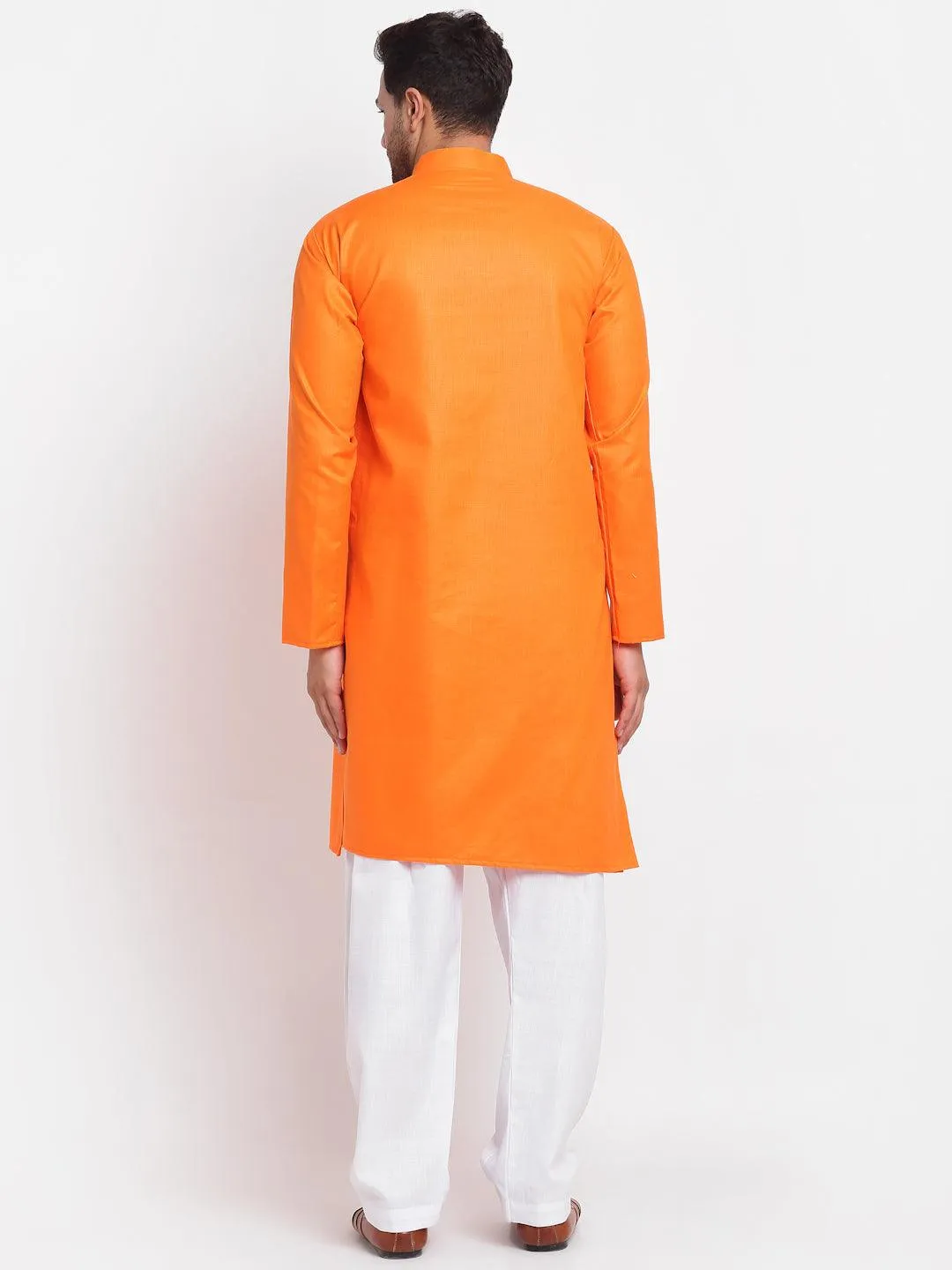 Men's Orange Solid Pathani Kurta With White Salwar - Benstoke