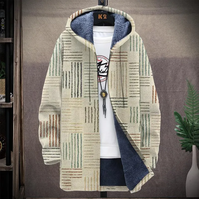 Men's Printed Hooded Two-pocket Plush Thickened Long-sleeved Cardigan Jacket 00916514L