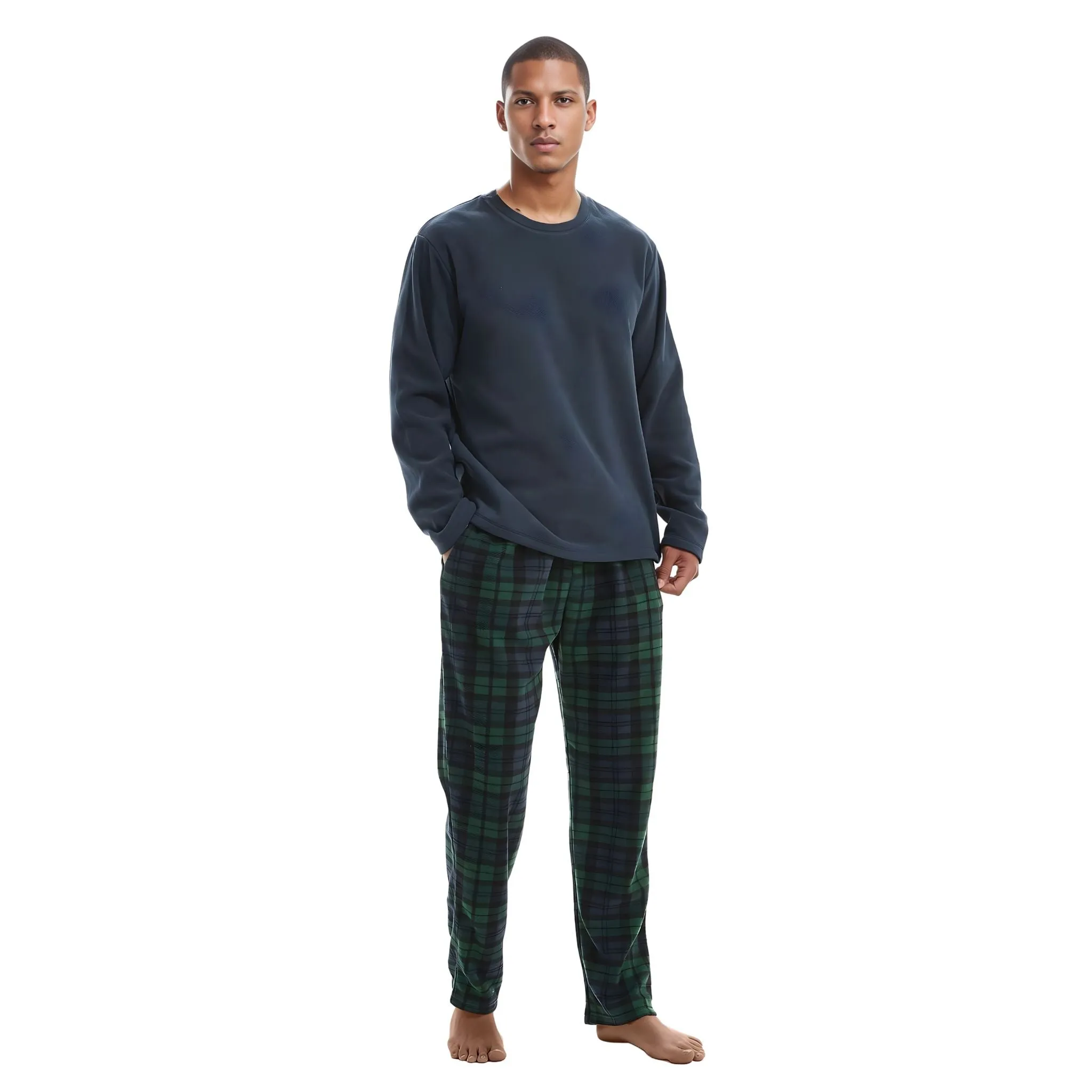 Mens Pyjamas Long Sleeve Set Fleece Green Checkered Pjs