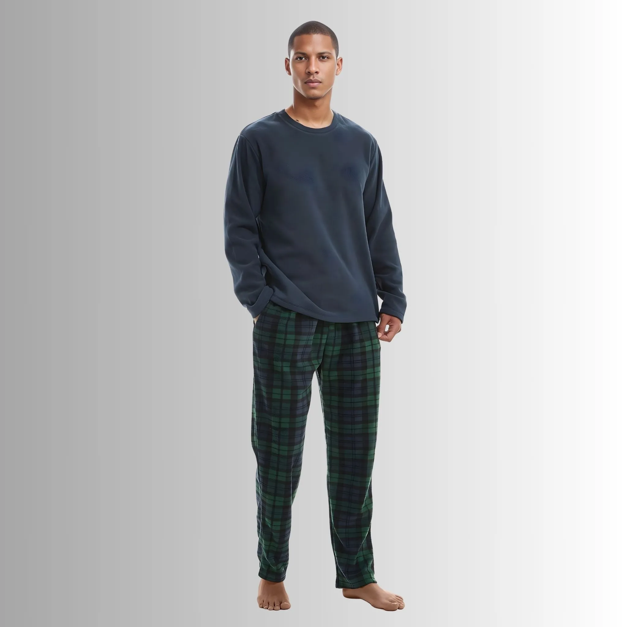 Mens Pyjamas Long Sleeve Set Fleece Green Checkered Pjs