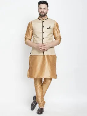 Men's Silk Blend Copper Kurta With Pyjama & Beige Nehru Jacket - Benstoke