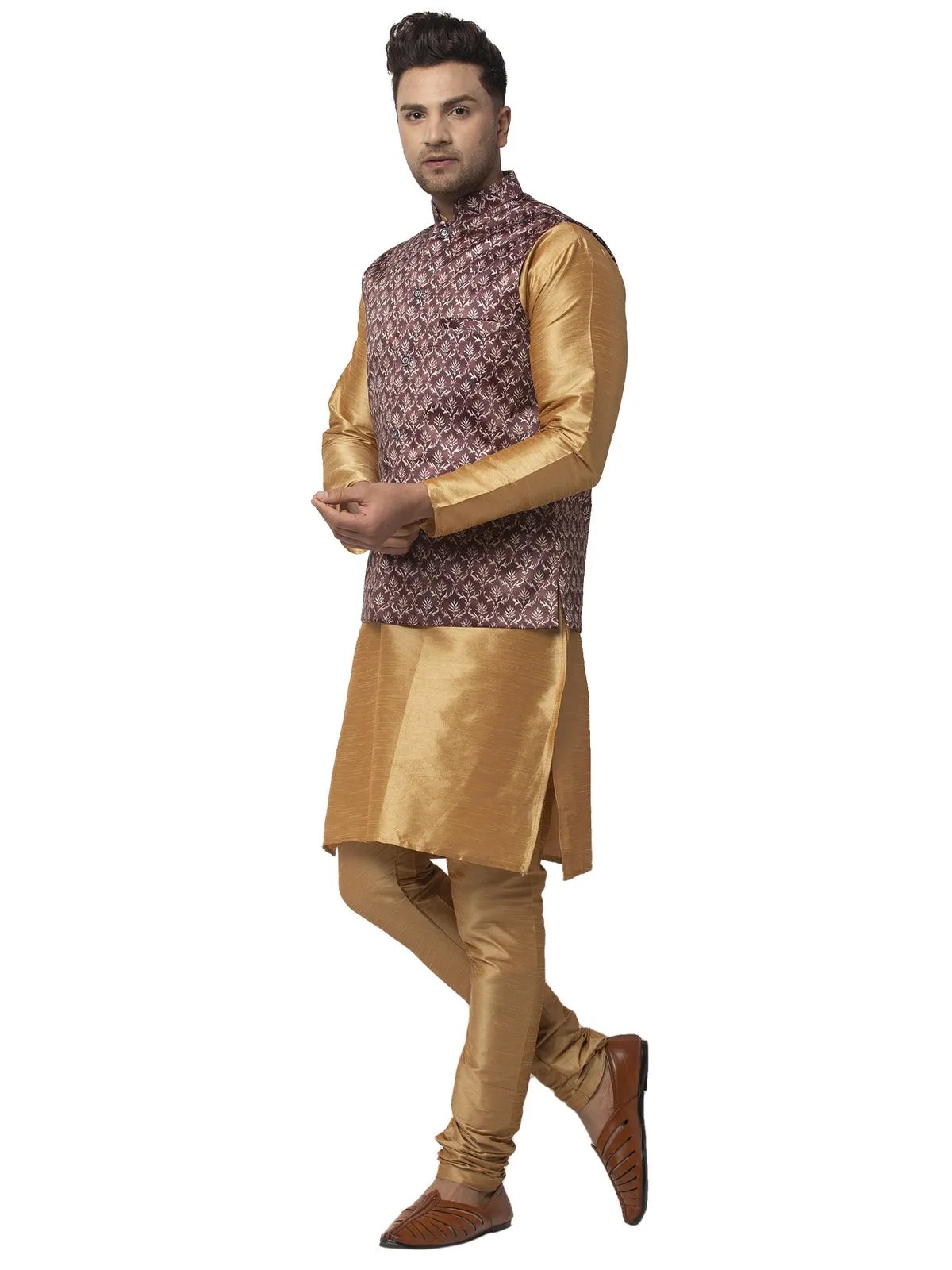 Men's Silk Blend Copper Kurta With Pyjama & Coffee Brown Printed Nehru Jacket - Benstoke