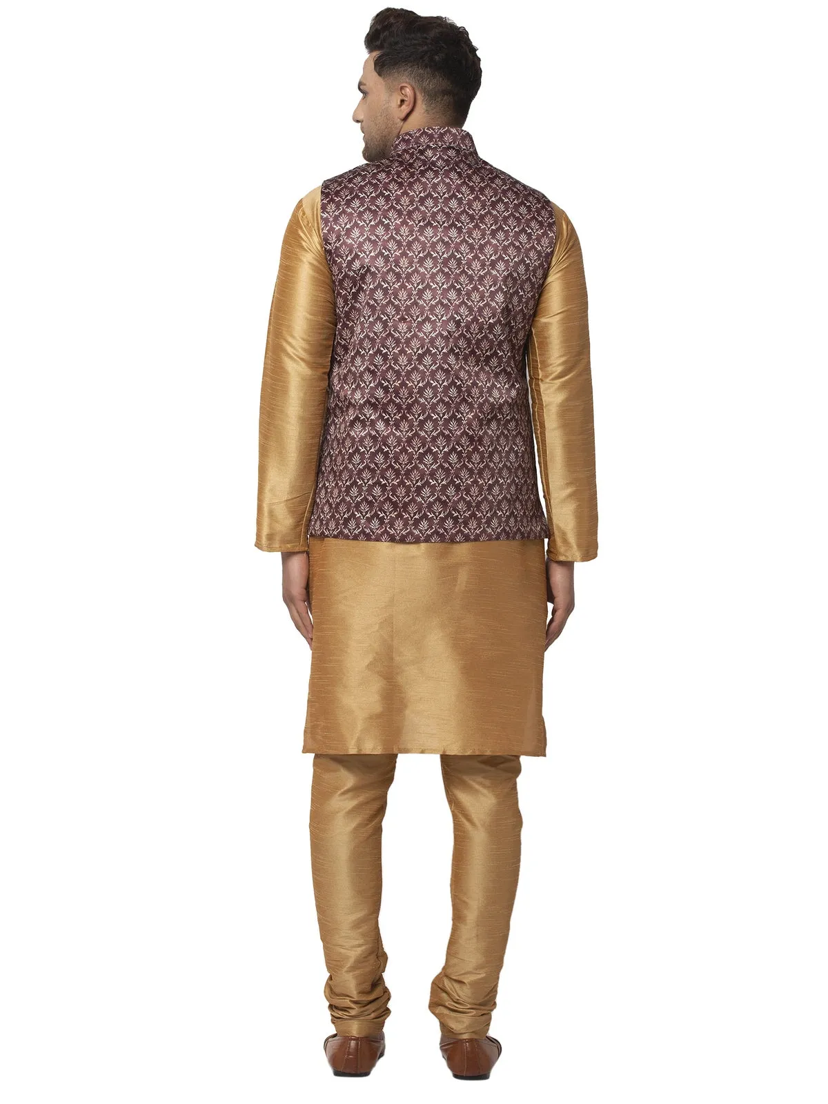 Men's Silk Blend Copper Kurta With Pyjama & Coffee Brown Printed Nehru Jacket - Benstoke