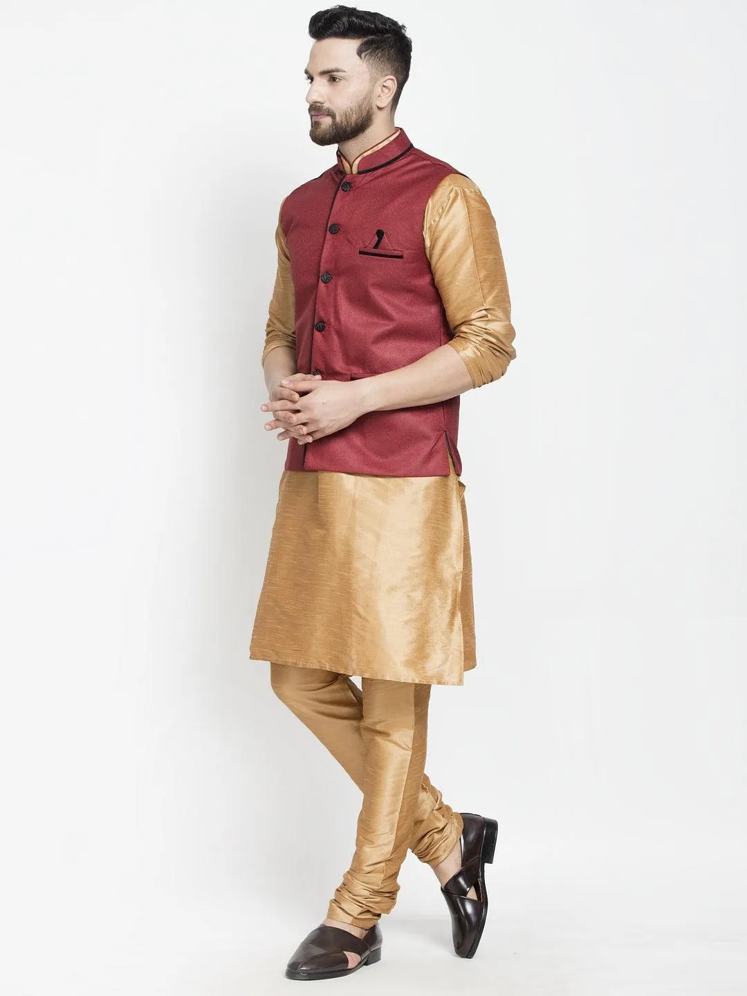 Men's Silk Blend Copper Kurta With Pyjama & Maroon Nehru Jacket - Benstoke