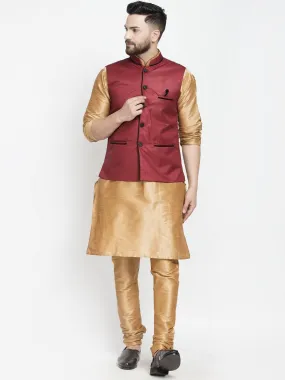 Men's Silk Blend Copper Kurta With Pyjama & Maroon Nehru Jacket - Benstoke