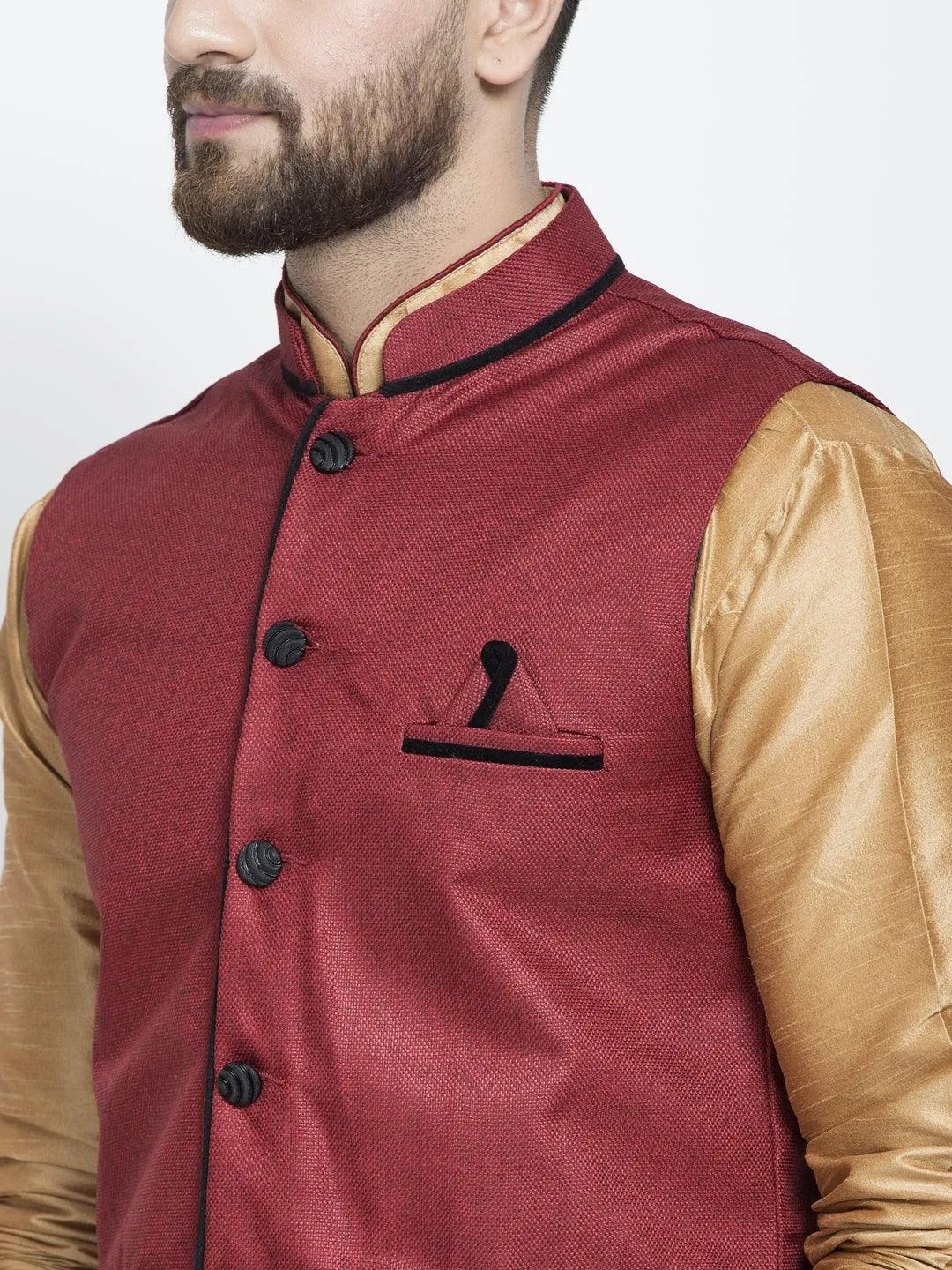 Men's Silk Blend Copper Kurta With Pyjama & Maroon Nehru Jacket - Benstoke