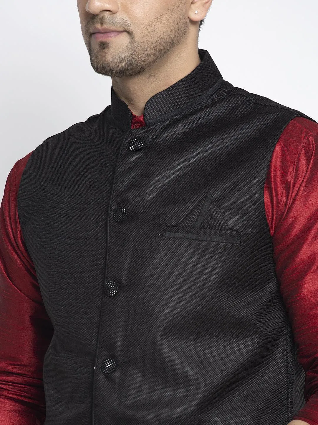 Men's Silk Blend Maroon Kurta With Pyjama & Black Nehru Jacket - Benstoke