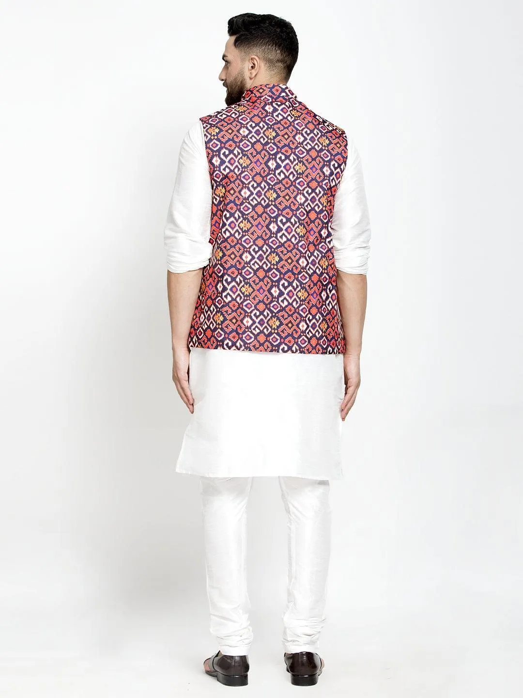 Men's Silk Blend White Kurta With Pyjama & Navy Blue Printed Nehru Jacket - Benstoke