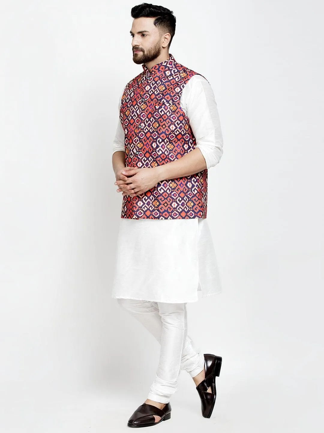 Men's Silk Blend White Kurta With Pyjama & Navy Blue Printed Nehru Jacket - Benstoke